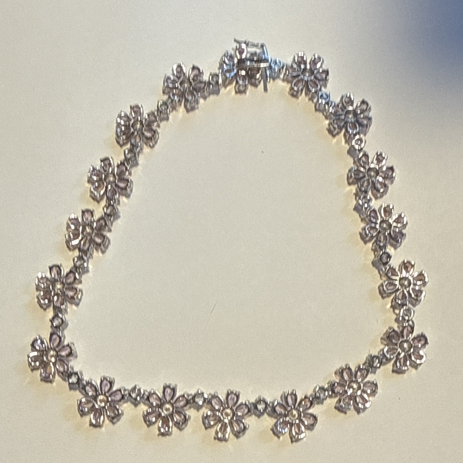 Silver Plated Pink Simulated Crystal Flower Link Necklace Box Clasp
