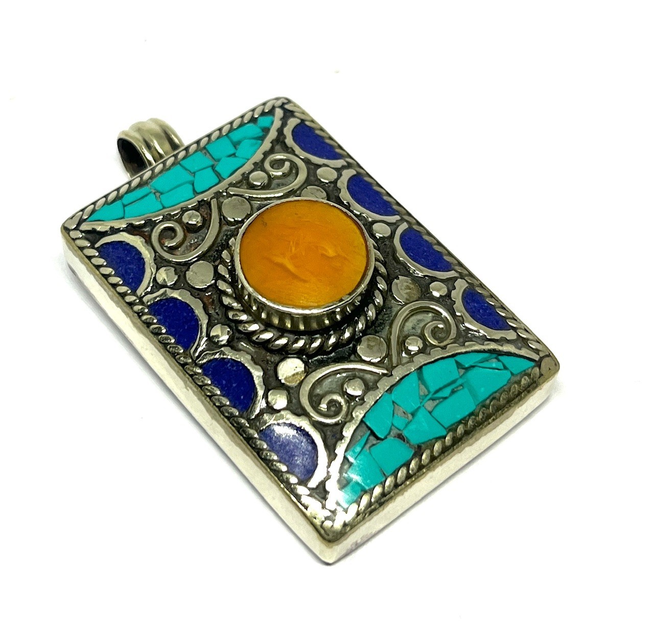 Turquoise Lapis Amber Gemstone Tibetan Statement Pendant Jewelry, 2.0 inch