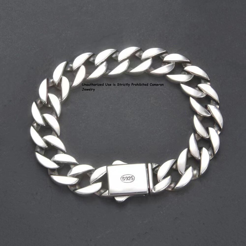 Pure S925 Sterling Silver Chain 13mm Cuban Curb Link Bracelet 7.1-8.7inch