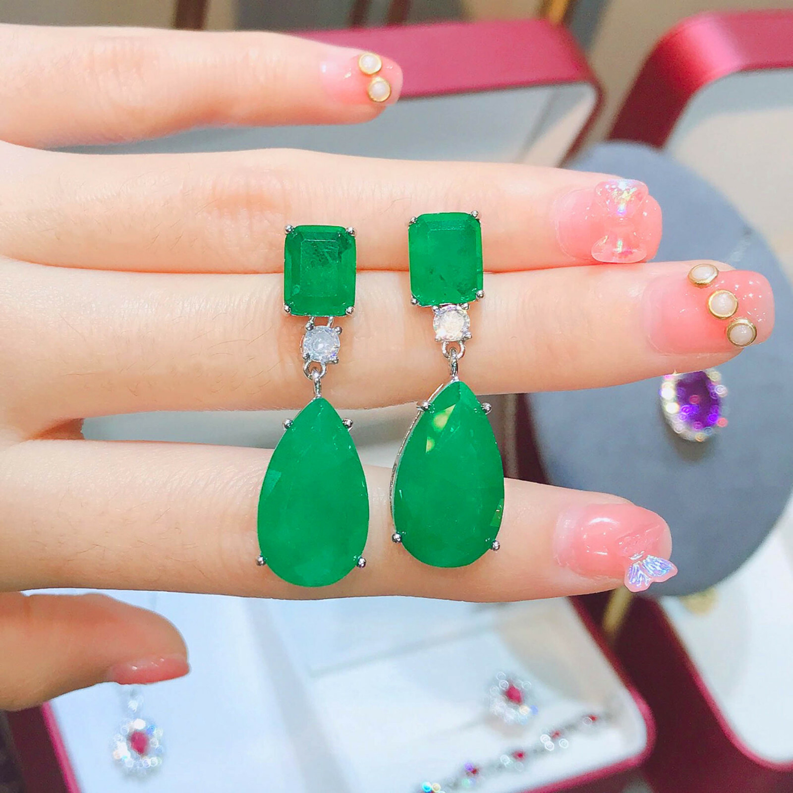 New Hotsale Neon Blue Tourmaline Gems Fashion Women Silver Stud Dangle Earrings