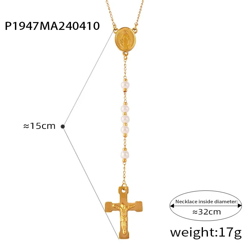 Women’s 18K Gold Plated Stainless Steel Cross Pendant Necklace Artificial Pearl