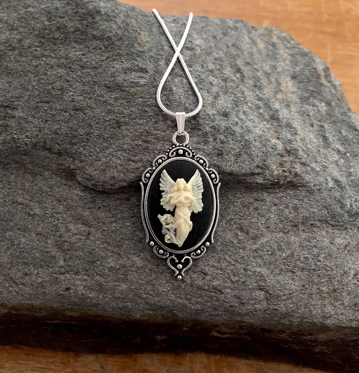 Vintage Guardian Angel Cameo Necklace, Ivory & Black, Sterling Silver Chain