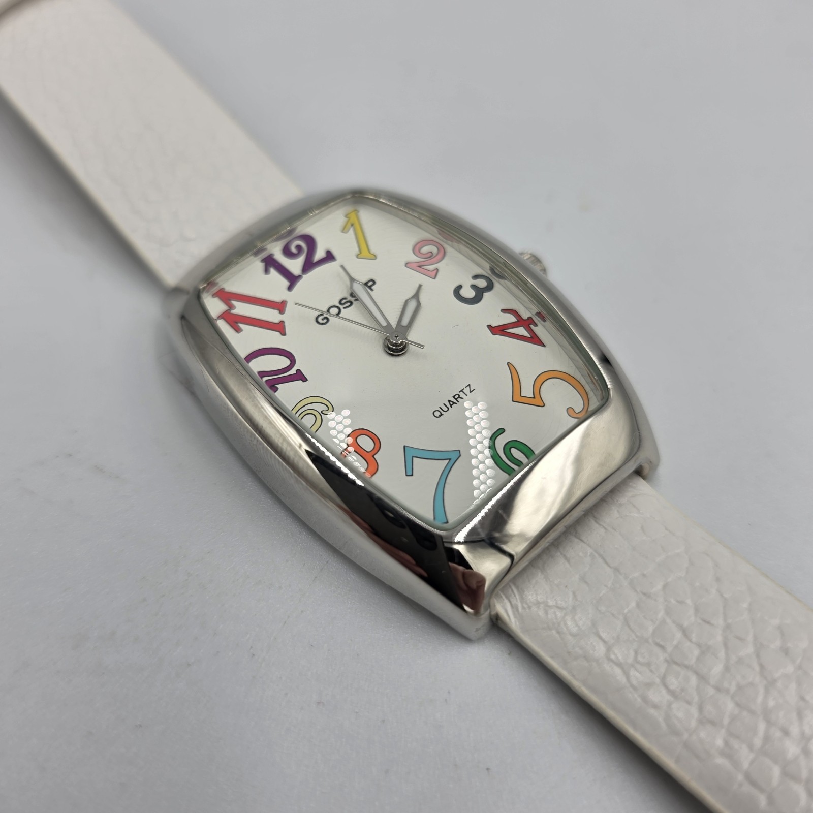 Gossip Watch Womens Quartz Multicolor White Leather Rectangle Silver Tone GSP727