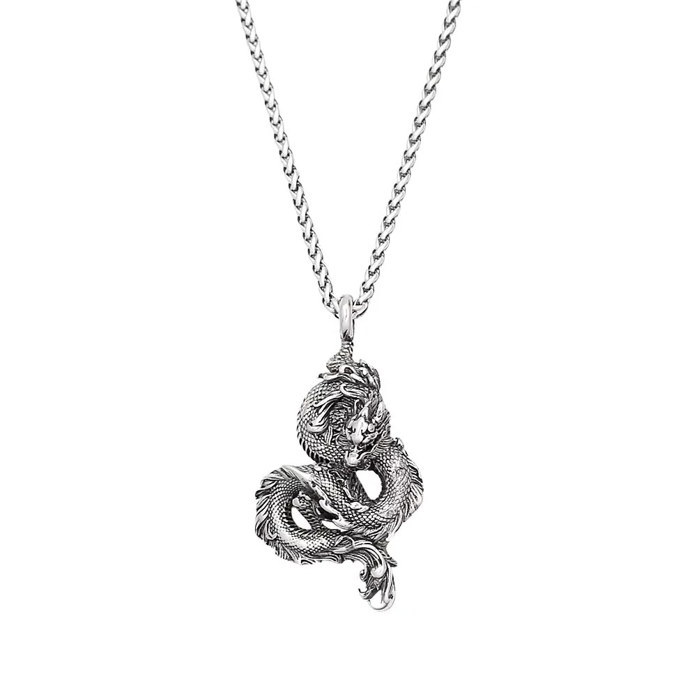 Antique Gold Silver Two Tone Stainless Steel Chinese Dragon Amulet Necklace Punk