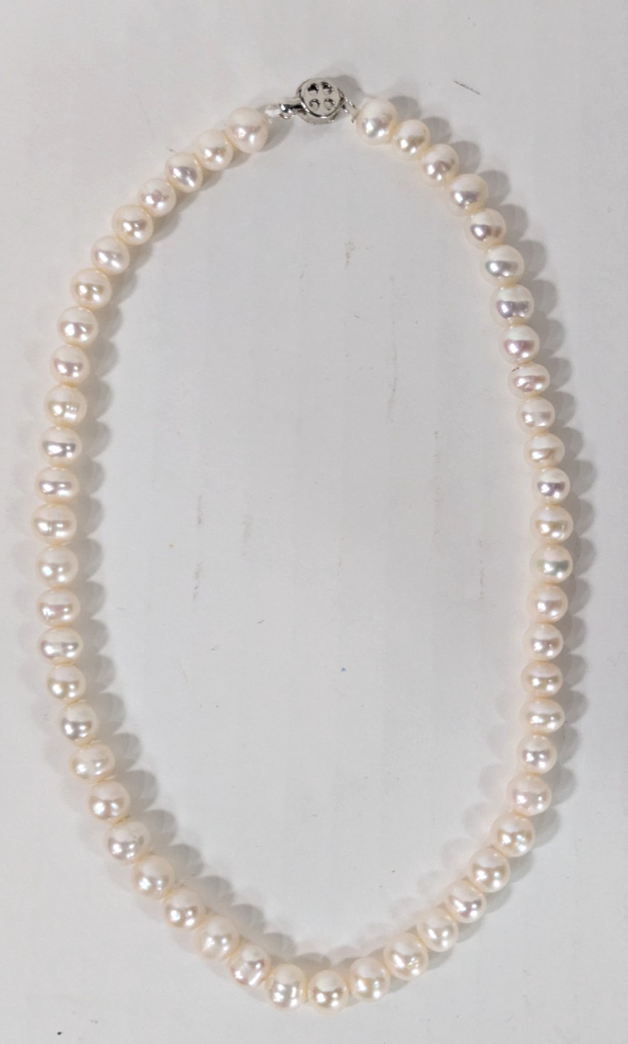 Vintage Genuine Pearl Necklace w/ Silver Rose Clasp Classic Elegant 15.5″