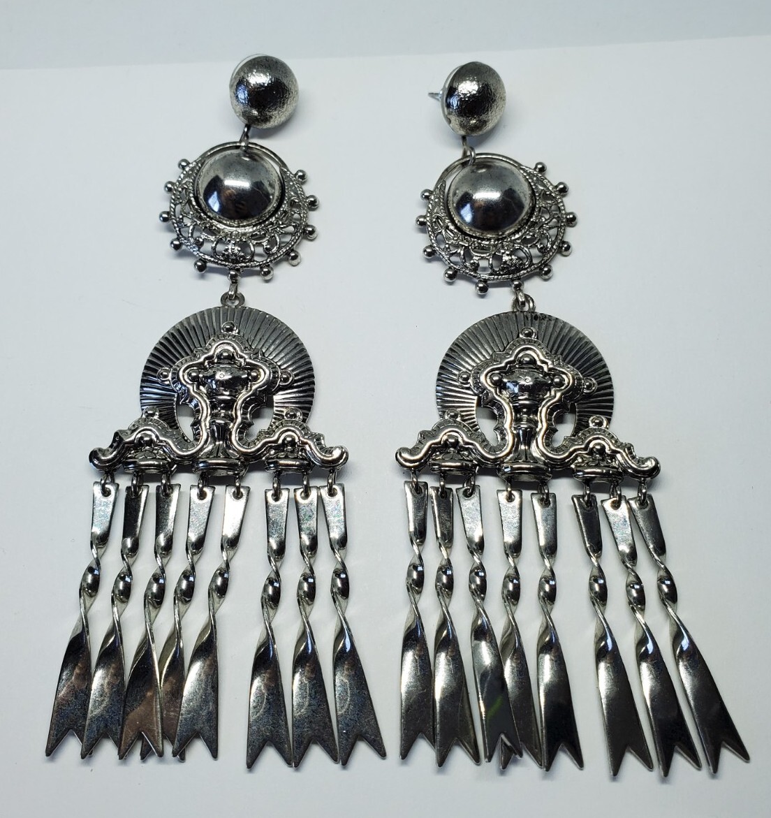 Elizabeth Cole Huge Silver Tone Ornate Statement Dangle Earrings