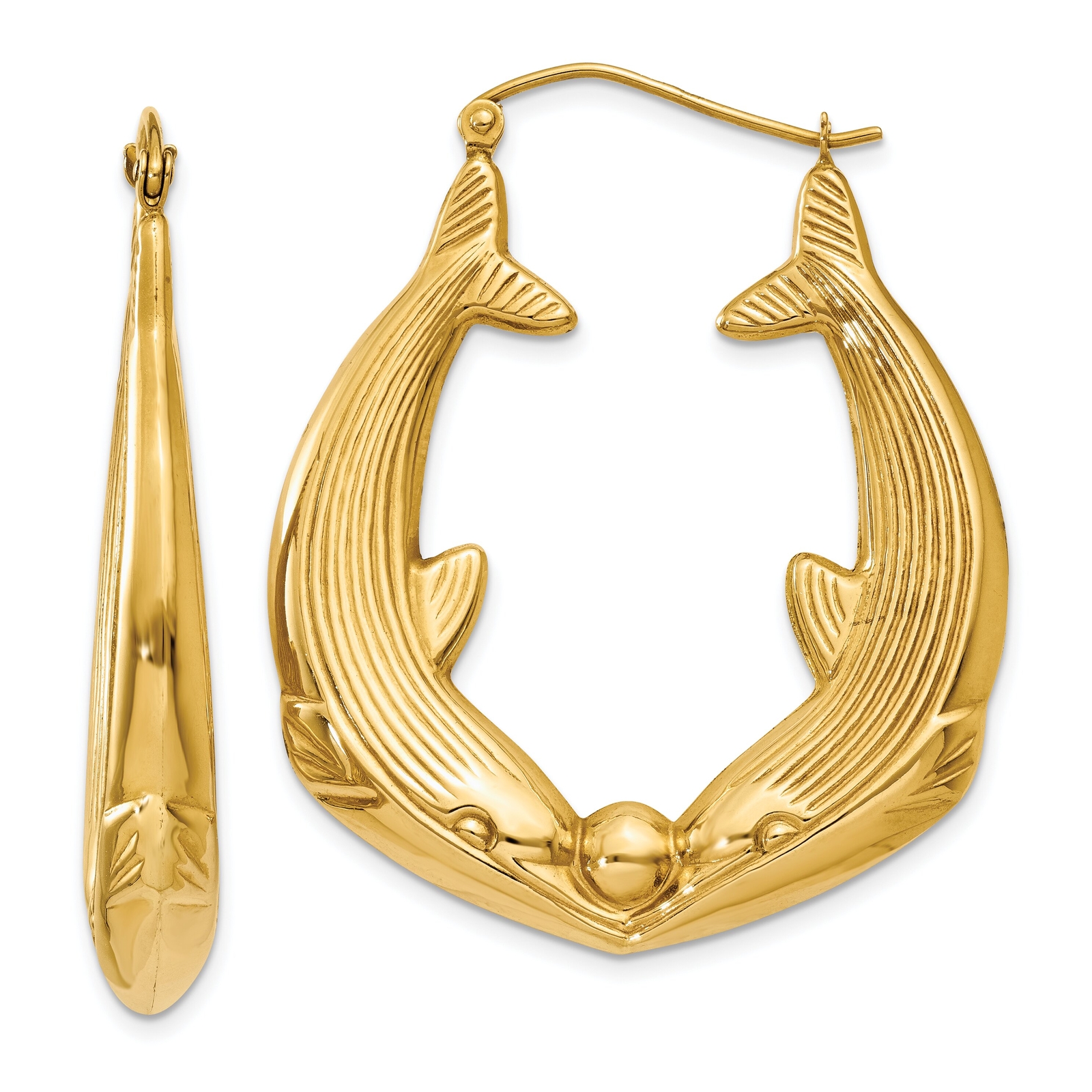 14K Yellow Gold Dolphin Hoop Earrings Jewelry 40mm x 32mm