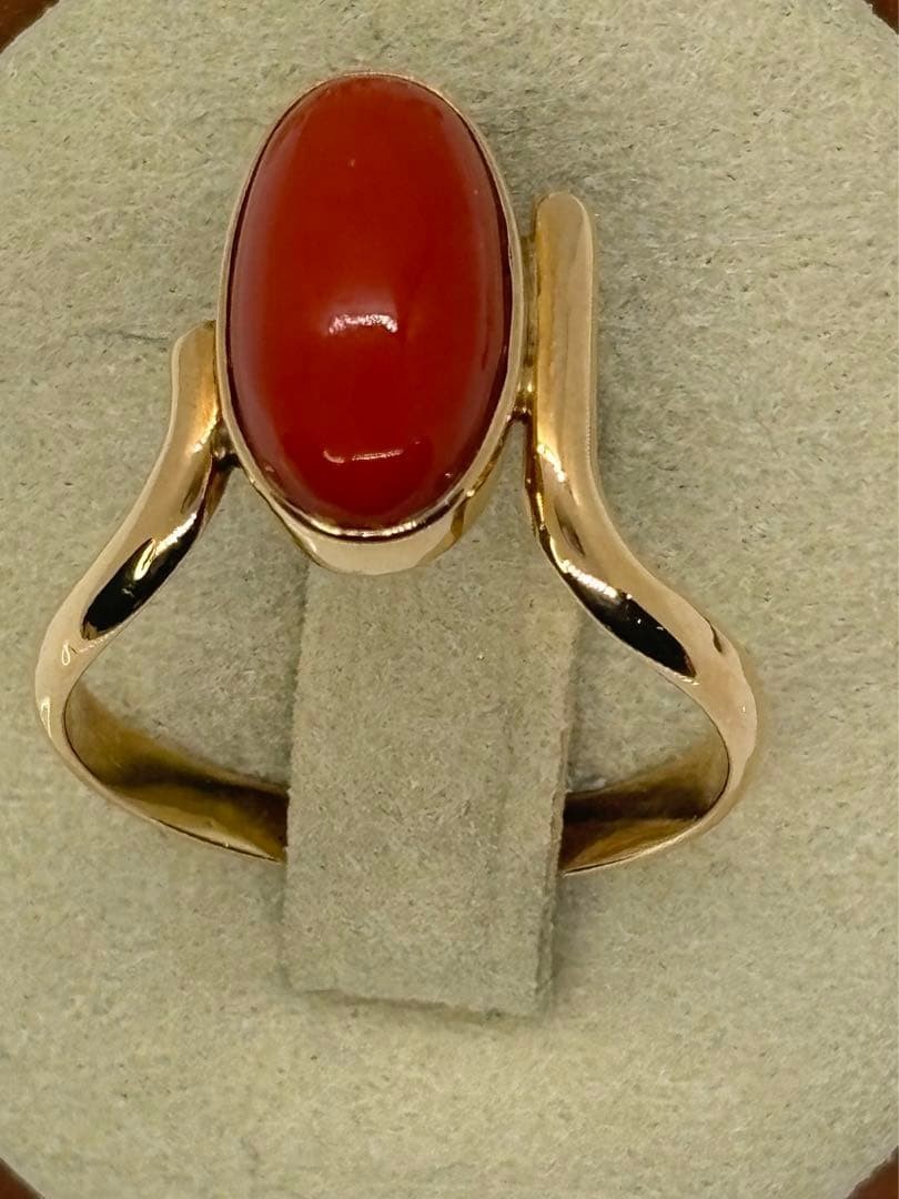 18k Yellow Gold 14.6×8.4mm Natural Japanese Blood Red Coral Ring 4.03g US:8.75