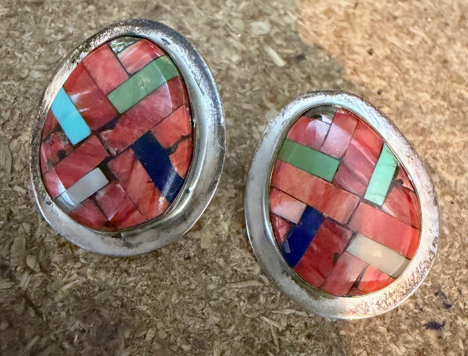 Zuni JLR Joe Lovato Rean Turquoise Earrings Silver inlay MOP Red Coral Lapis