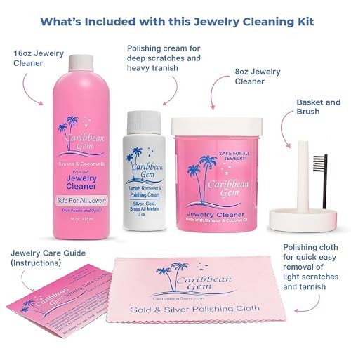 Jewelry Cleaning Kit 16oz & 8oz Solution Basket Brush Polishing Cream Cloth for