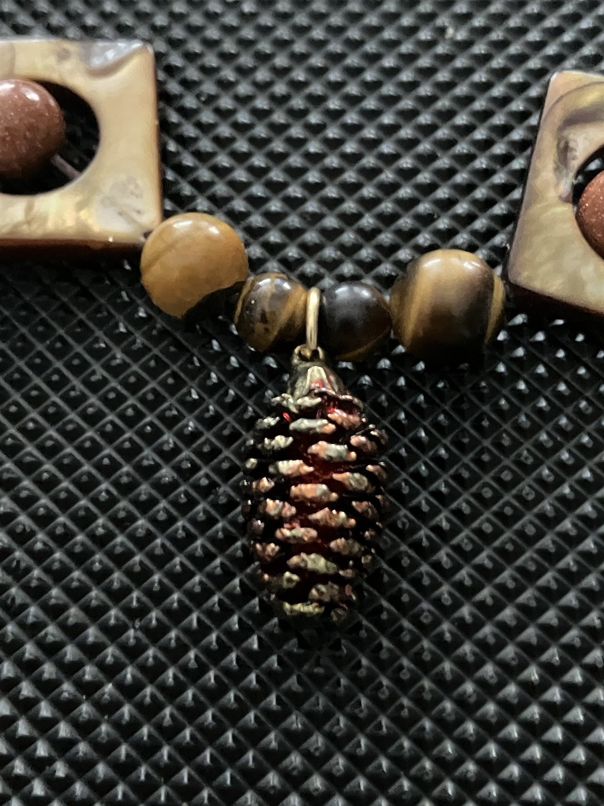 Pinecone and Tiger Eye, Sand Stone and Abolone beaded necklace, with elastic