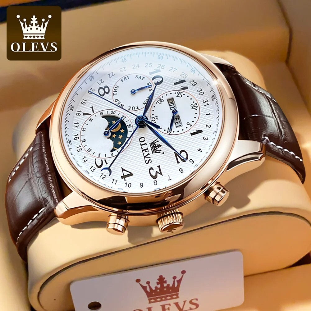 OLEVS Automatic Mechanical Watch Men’s Moon Phase Waterproof Leather Men Strap