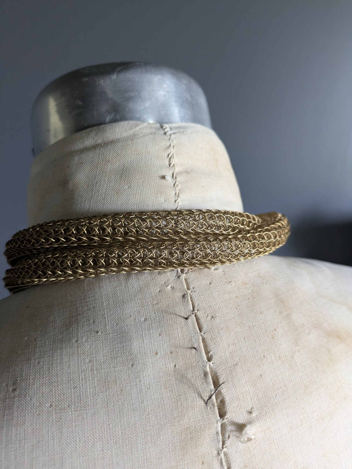 Vintage Brass Gold Tone Mesh Knitted Metal Wire Tassel Necklace Or Belt 55″
