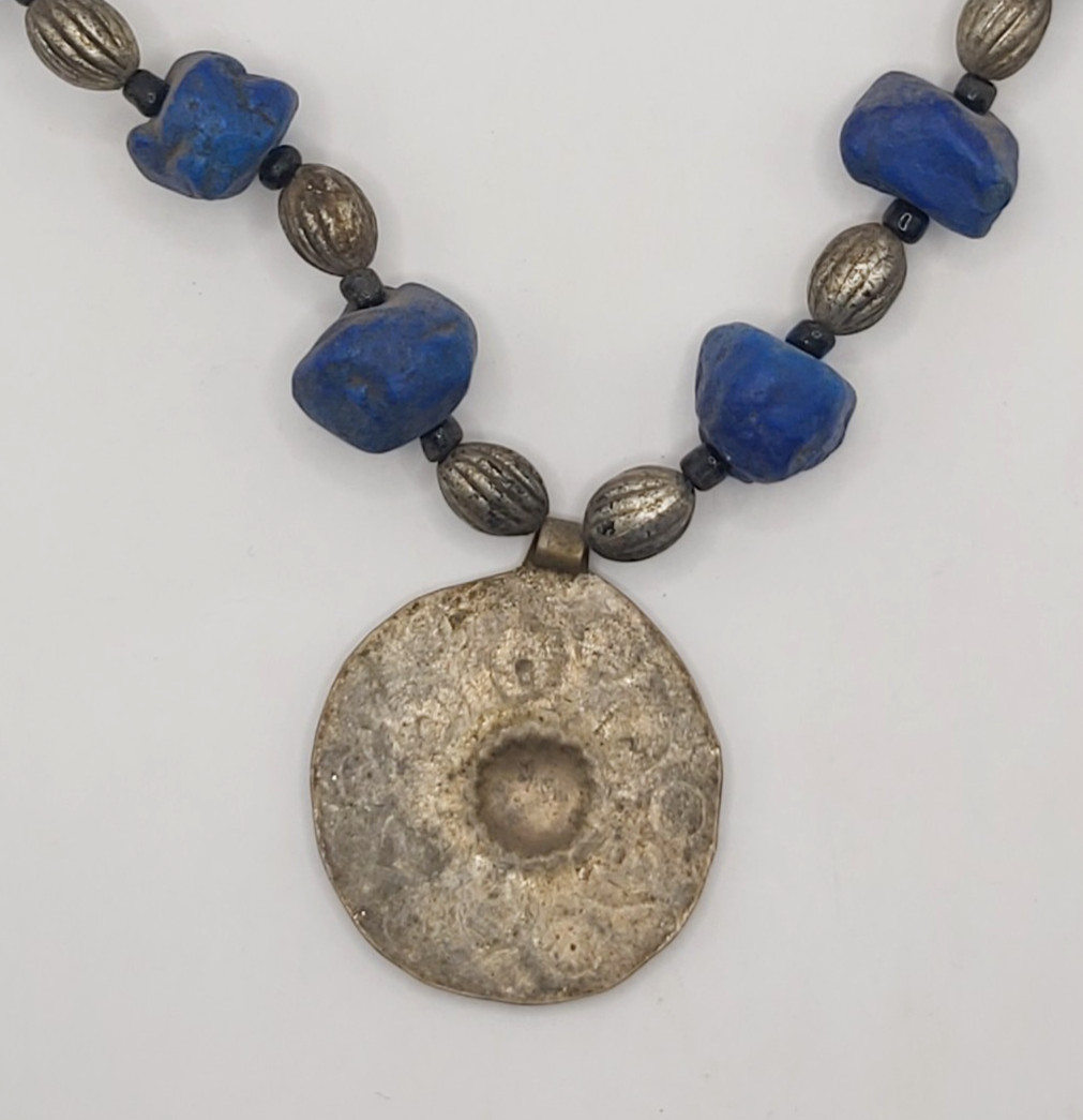 Vintage Berber Moroccan Lapis Blue Resin Bead Necklace Tribal Silver Tone Pendan