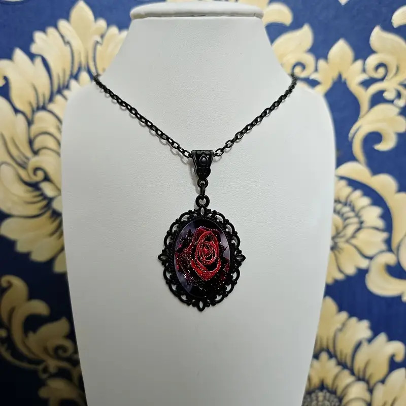 Rose Gothic Black Jewelry Vintage look Oval Pendant Necklace A