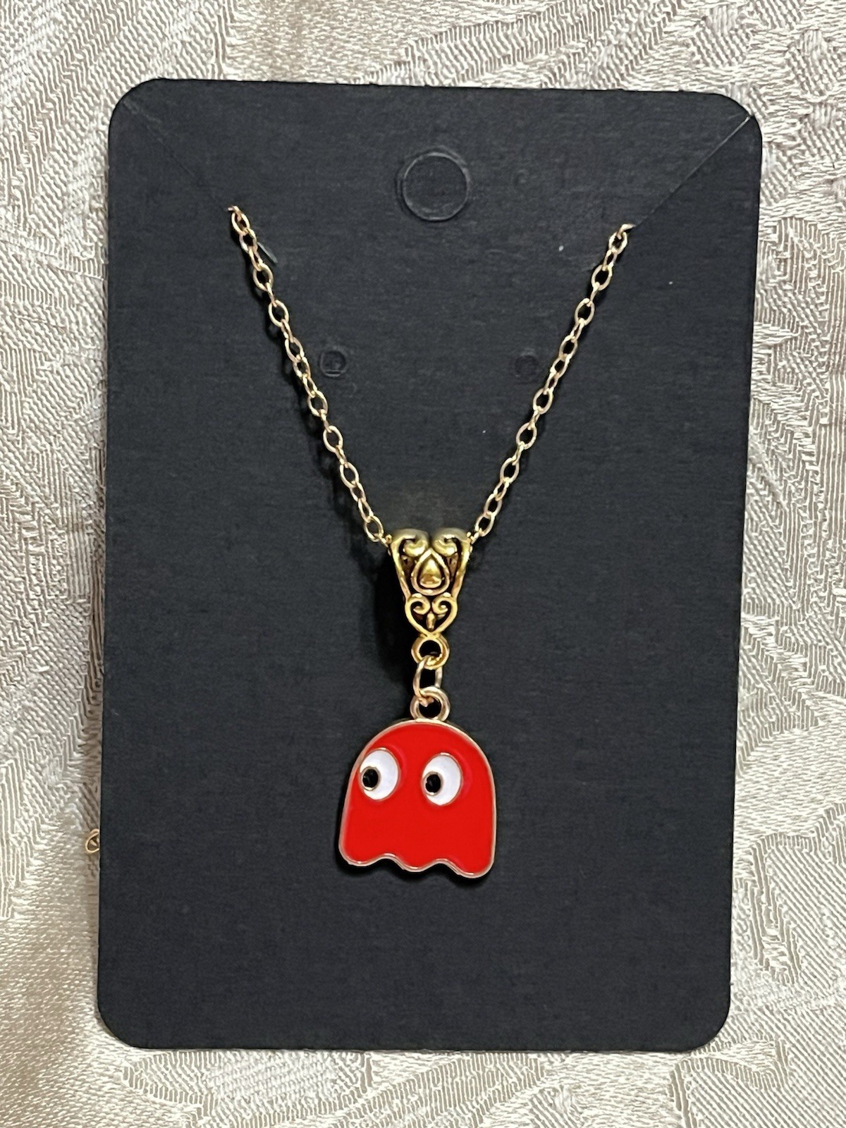 PAC Man Blinky Red Ghost Gold Enamel Fashion Video Game Novelty 18” Necklace