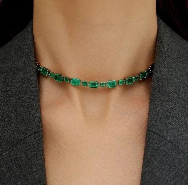 18 CT Lab Created Green Emerald Tennis Necklace 14k Yellow Gold Plated