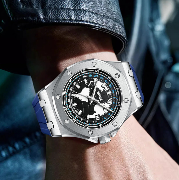 Men’s Full Automatic Mechanical Octagon Watch 12/24Hours 3 Hands Date 3Atm 3 Col