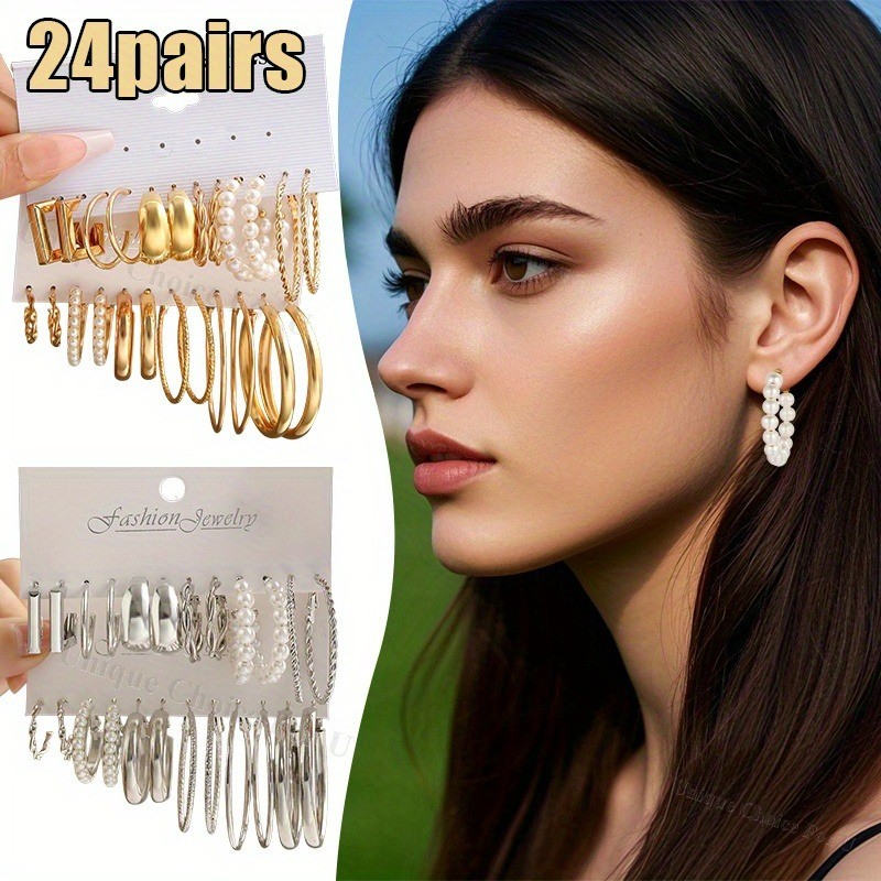 24pairs Golden Silvery Imitation Pearl Circle Hoop Earrings Zinc Alloy Jewelry