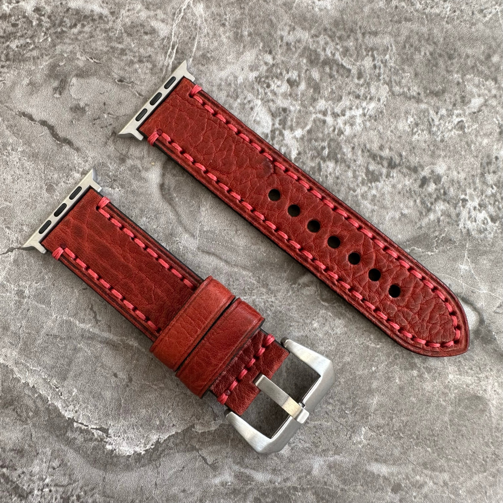 Premium Thick Red Lychee Leather Watch Strap Band For Apple Watch Ultra 1 2 49mm