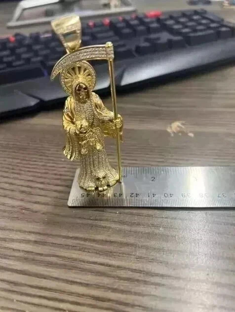 3.00 Ct Round Cut Moissanite Men’s Santa Muerte Pendant 14K Yellow Gold Plated