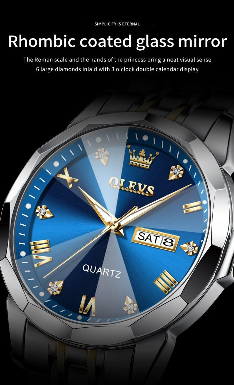 Watch for Men Diamond Business Dress Analog Quartz Stainless Steel Waterproof Lu