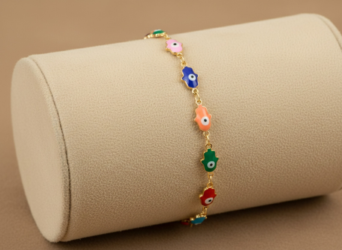 Evil Eye Hamsa Bracelet for Women, Rainbow Enamel Charm Bracelet, Gold Chain