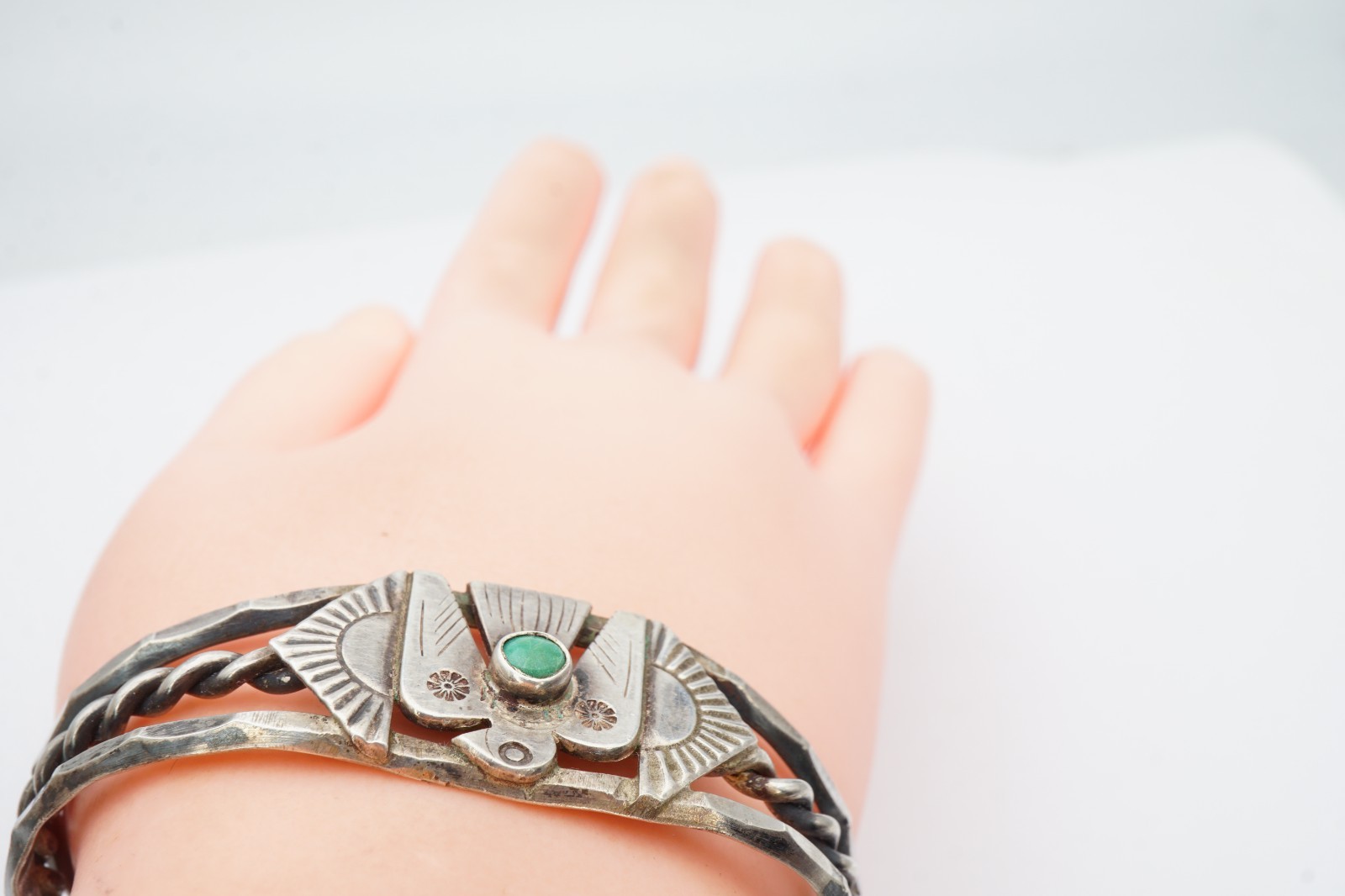 Vtg Fred Harvey Ear Navajo Sterling Silver Turquoise Thunderbird Bracelet 6.25″