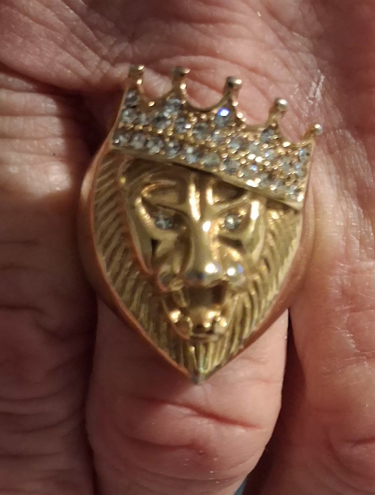 Gold Plated Stainless Steel Lion Head Crown CZ Signet Ring Size 9