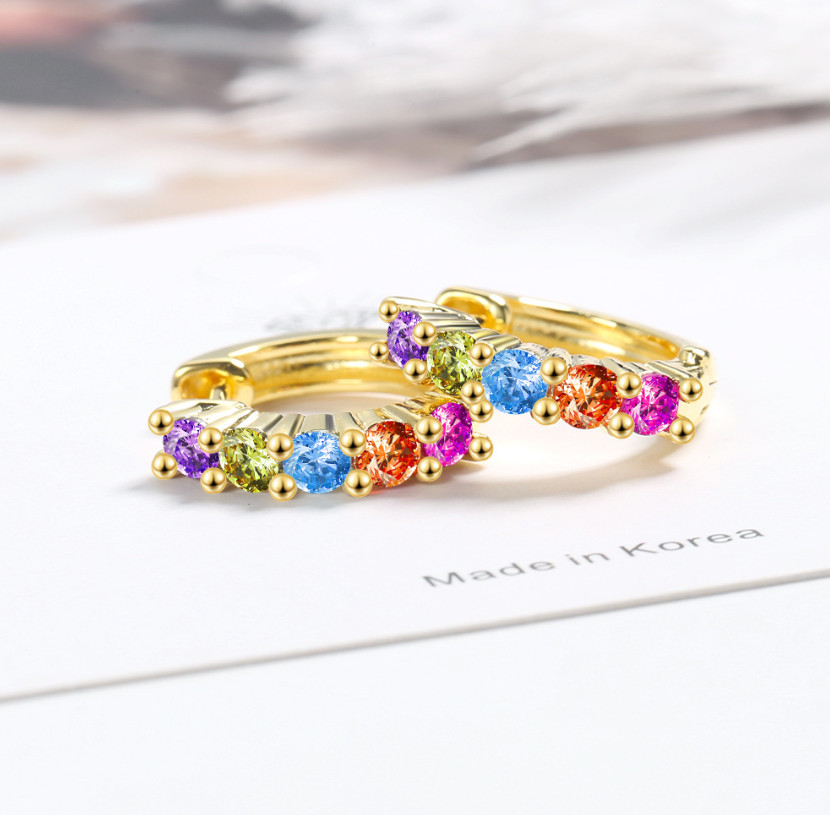 Women 925 Silver Tone Gold Rainbow CZ Huggie Hoop Snap Earrings 15mm Gift AF