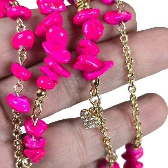 Sequin Women’s Pink Nuggets Beaded Gold Chain Charm Necklace NWT