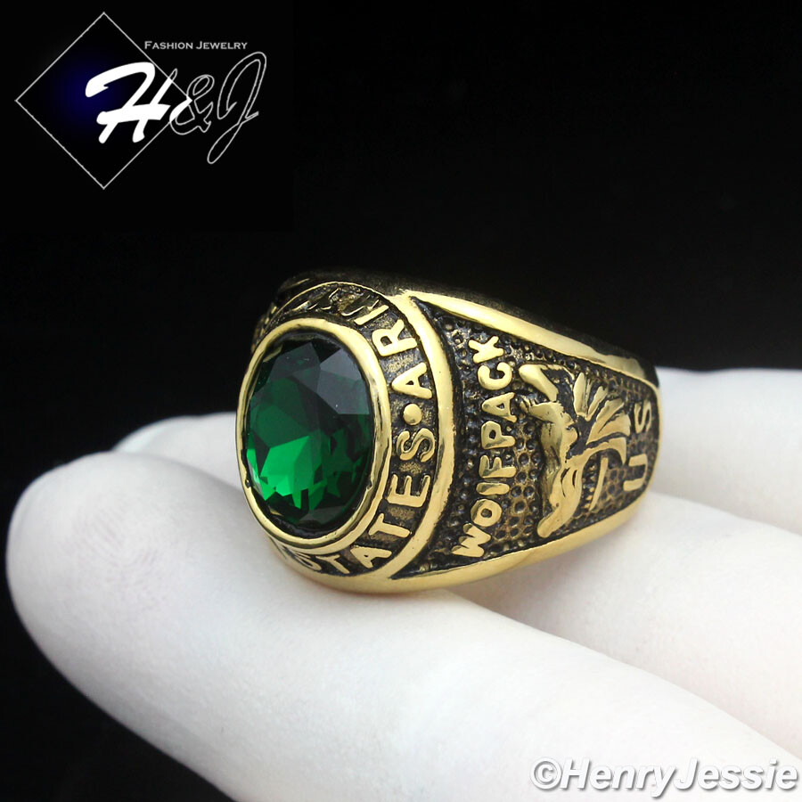 MEN Stainless Steel US Army Military Green Rhinestone Gold/Black Plated Ring*100
