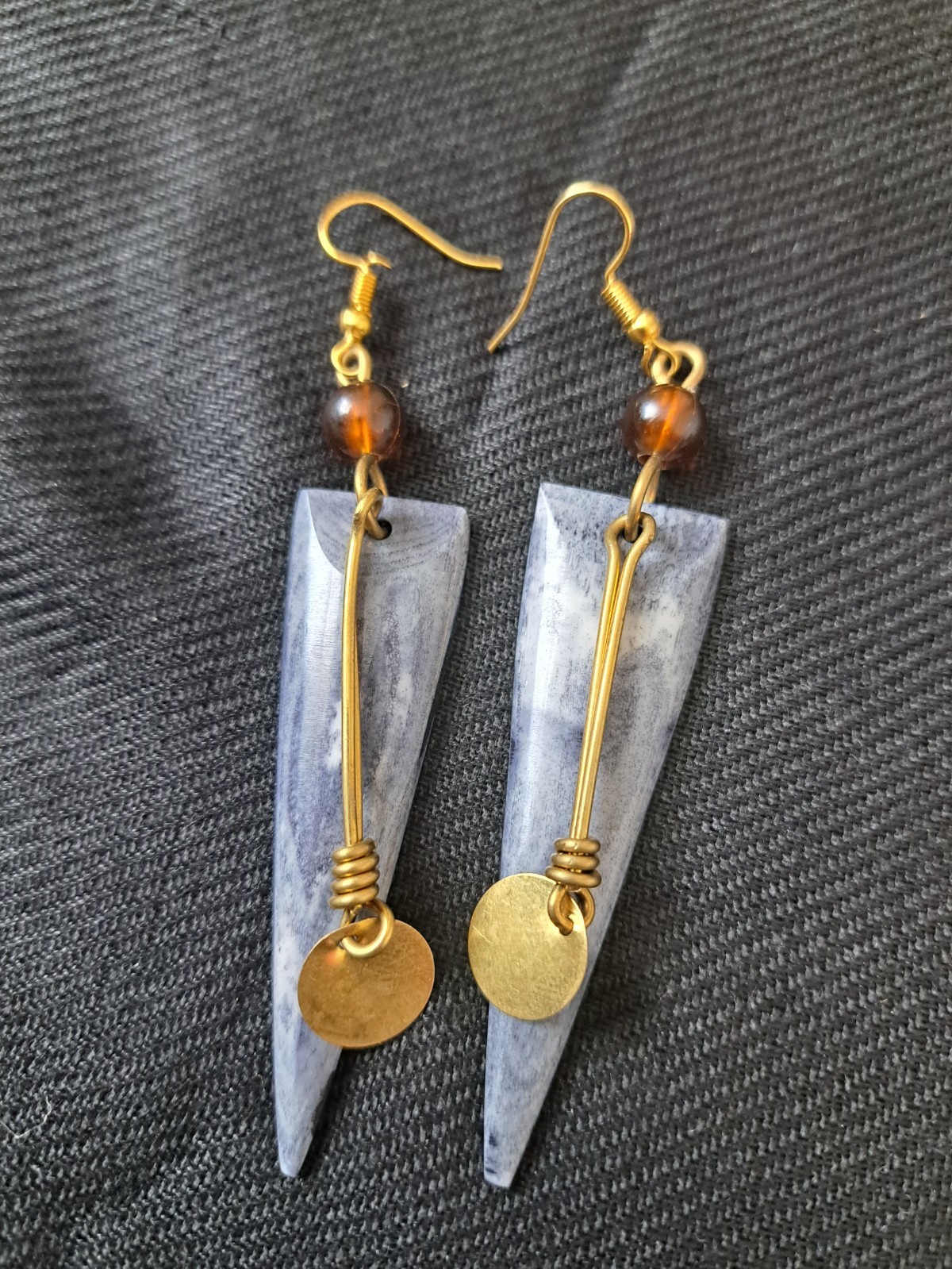 5″ Handcrafted African Bone Dangling Earrings With Bronze Spiral From Kenya