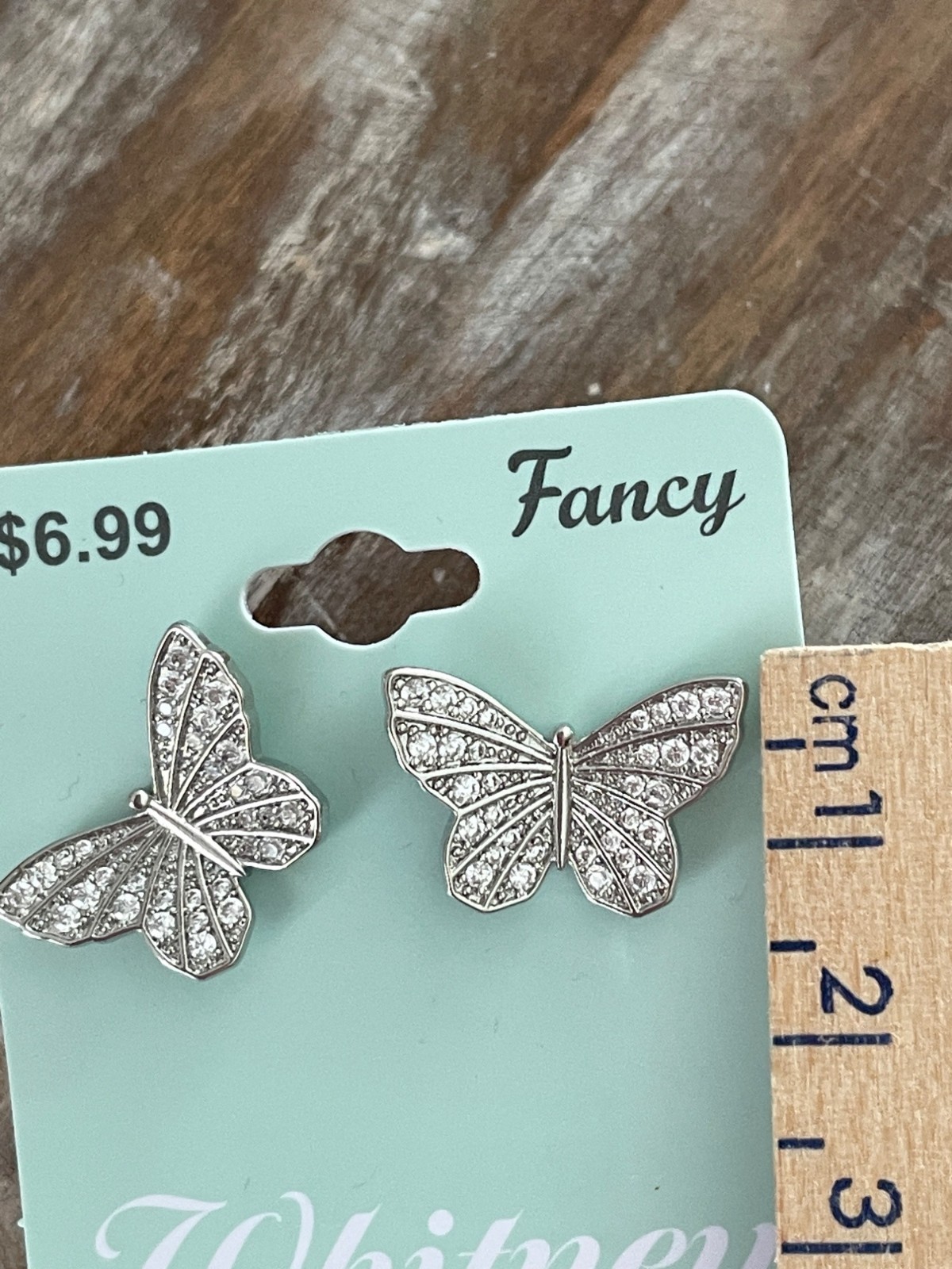 Fancy Whitney Butterfly Earrings Silvertone Clear Stones Lead and Nickel Free