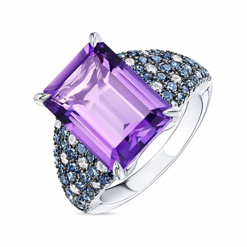 925 Sterling Silver African Amethyst Ring Emerald Cut Stone with Blue & White CZ