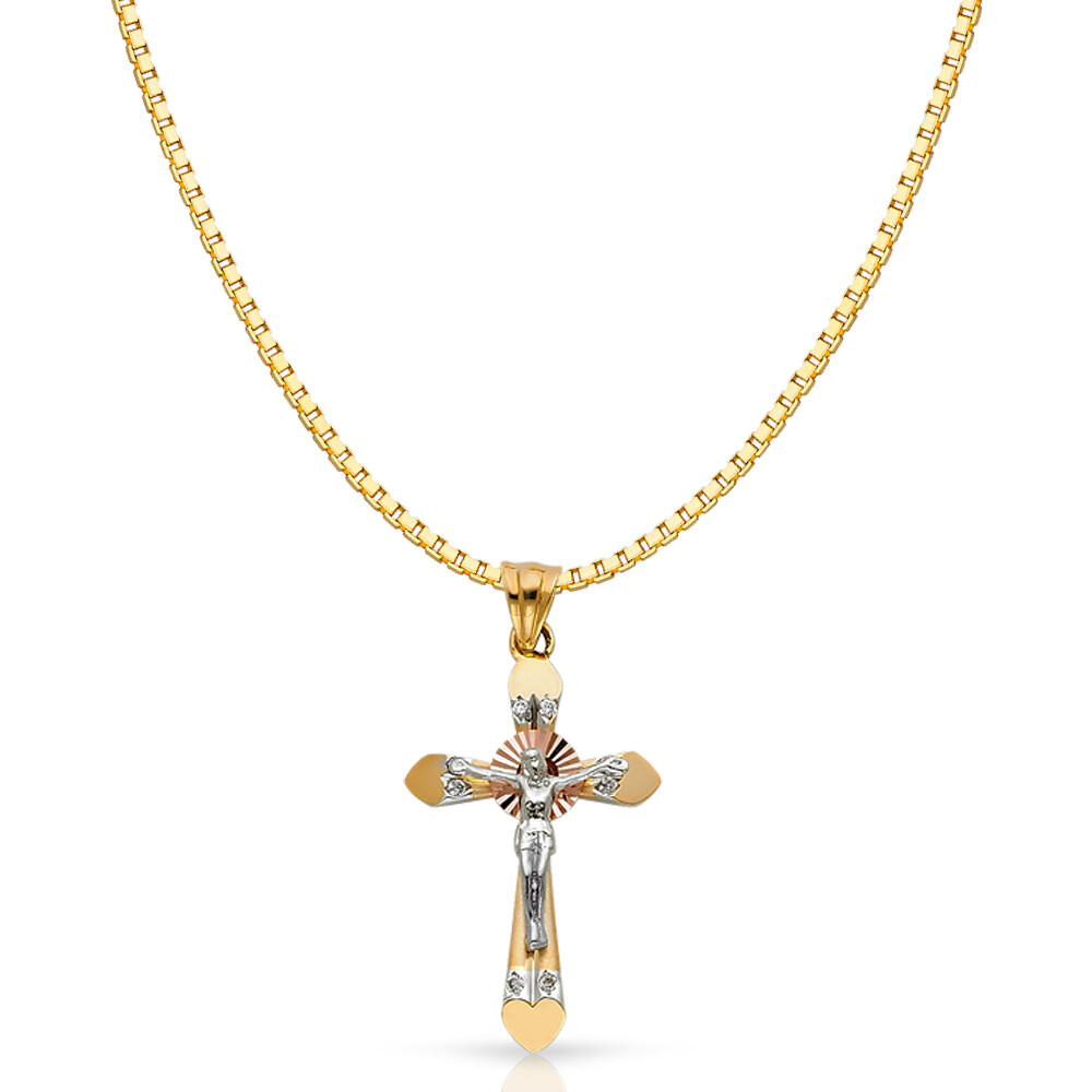 14K Tri Color Gold CZ Religious Crucifix Charm Pendant &1.2mm Box Chain Necklace