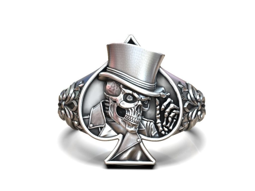 Oxidized Men’s Skull Playing Card Spades Hat 925 Sterling Silver Statement Rings
