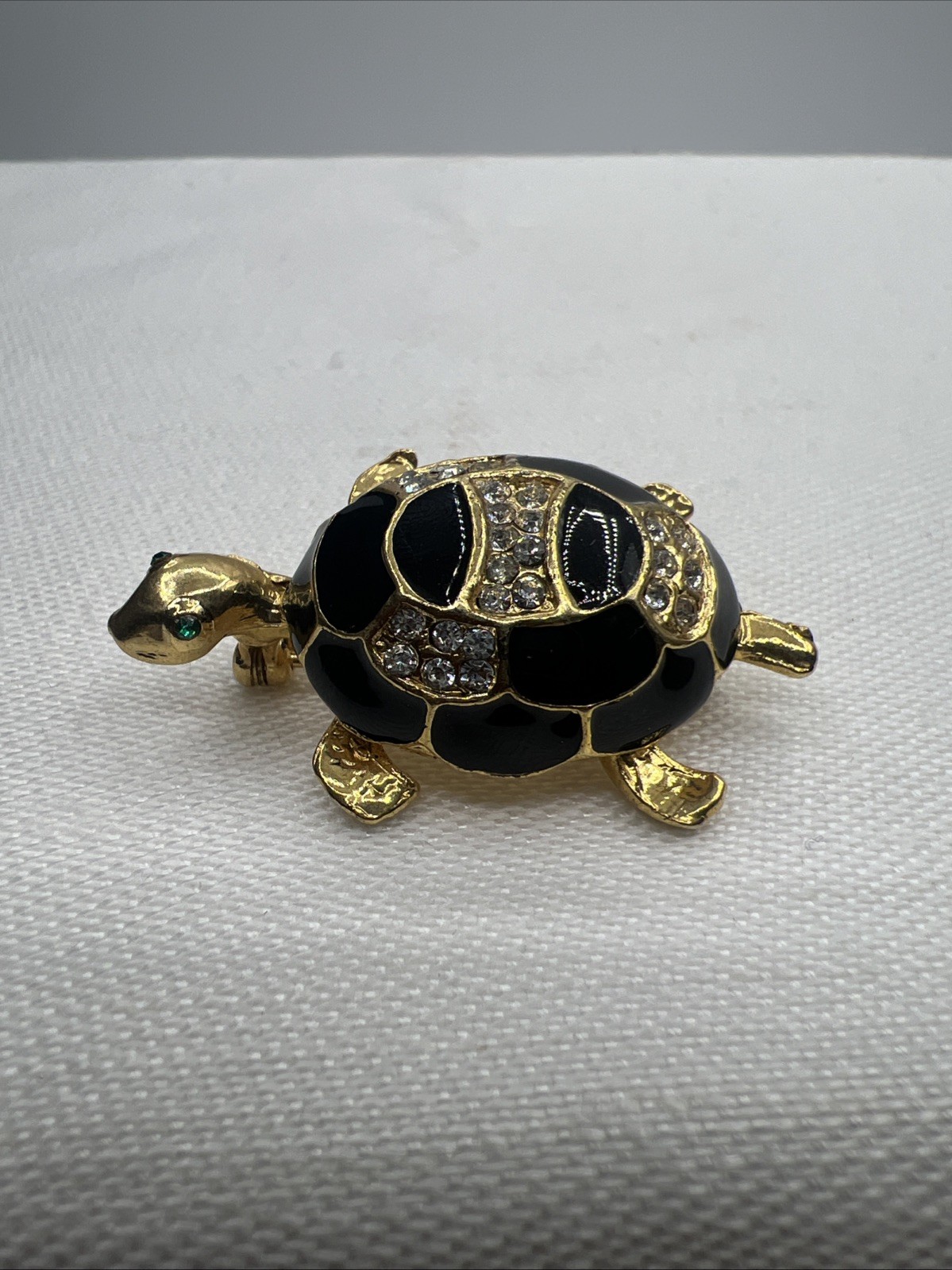 Vintage Turtle Black and Gold Tone Rhinestone and Enamel Brooch Pin Green Eyes
