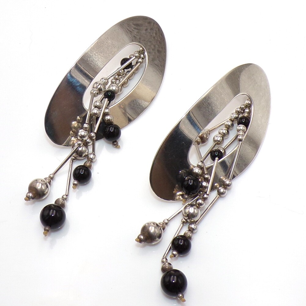 Susan Cummings Modernist Onyx Bead Sterling Silver 2 In 1 Dangle Earrings LLB4