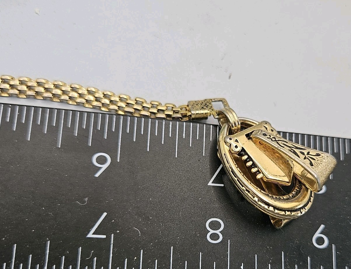 Vintage Gold Tone Watch Fob Charm Bracelet Victorian Revival Panther Mesh 7″