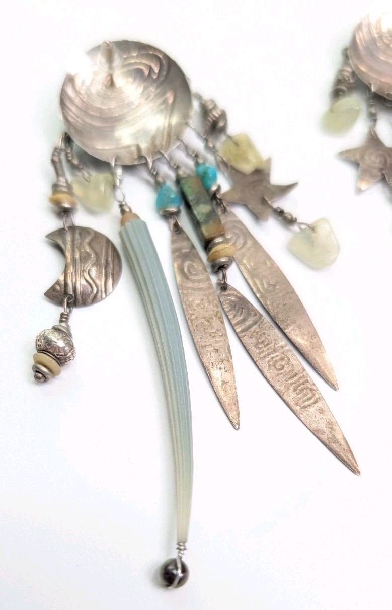 Vintage Tabra Moon Face Dangle Earrings Celestial Charms Sterling Silver 3.75 In