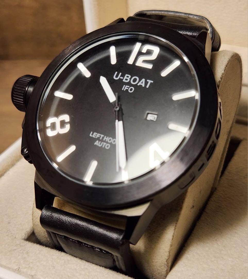 U-BOAT IFO Left Hook Auto Italo Fontana 316L Black Leather Round Men Watch 52mm