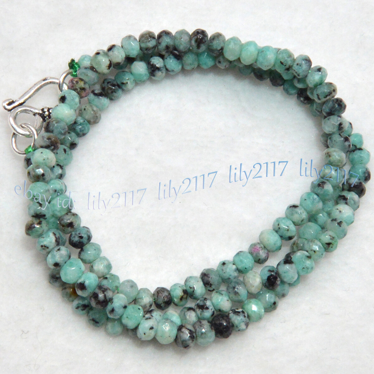 2x4mm Natural Green Zoisite Faceted Gemstone Roundel Beads Necklace Silver Clasp