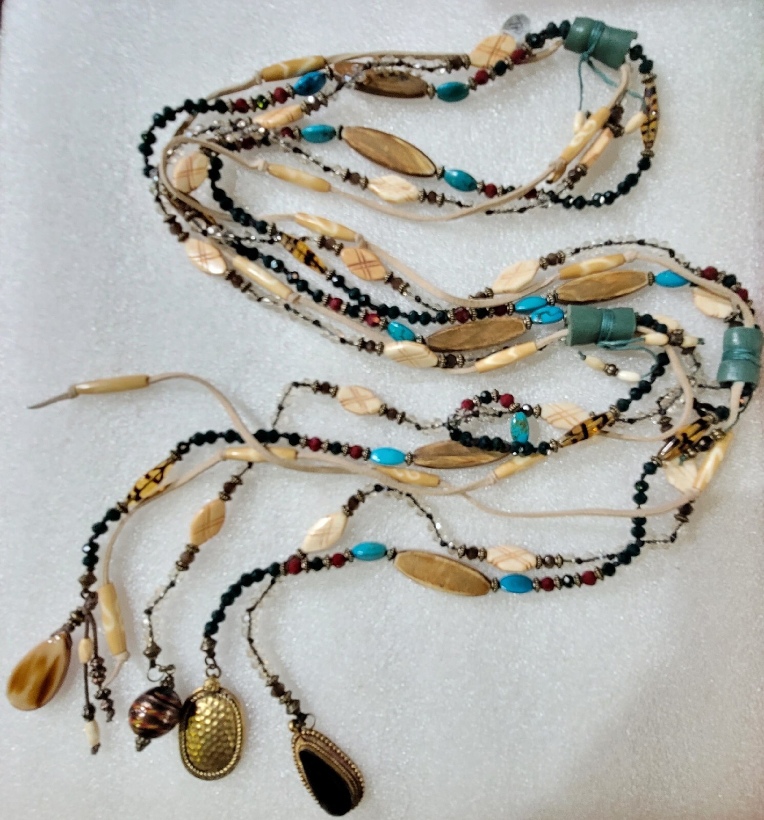 Vintage signed TAOS Super Long Bone Glass Beaded Wrap Around Necklace