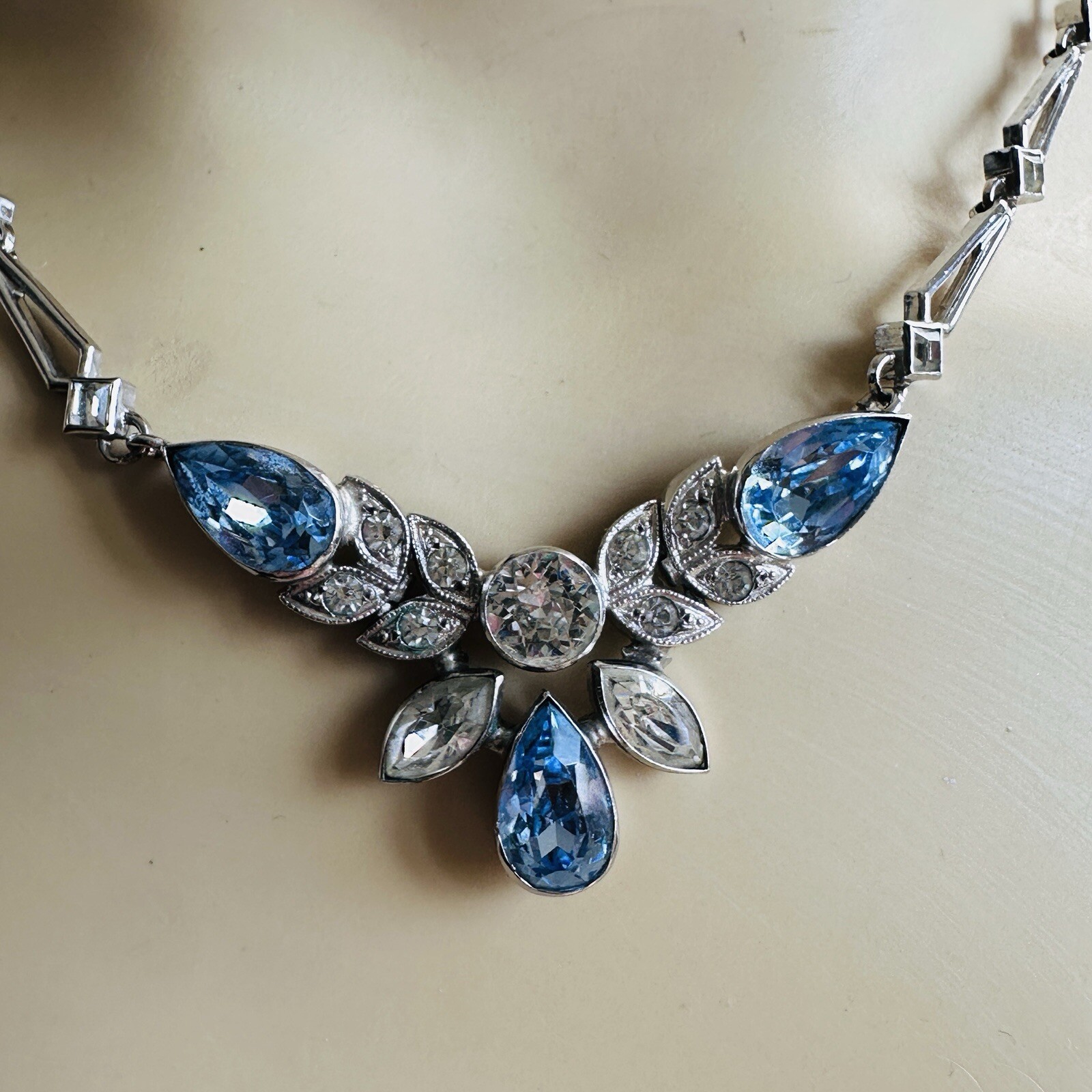 VTG Engel Brothers Art Deco Link Necklace 15 Inch Clear Blue 925 Sterling 16.8g