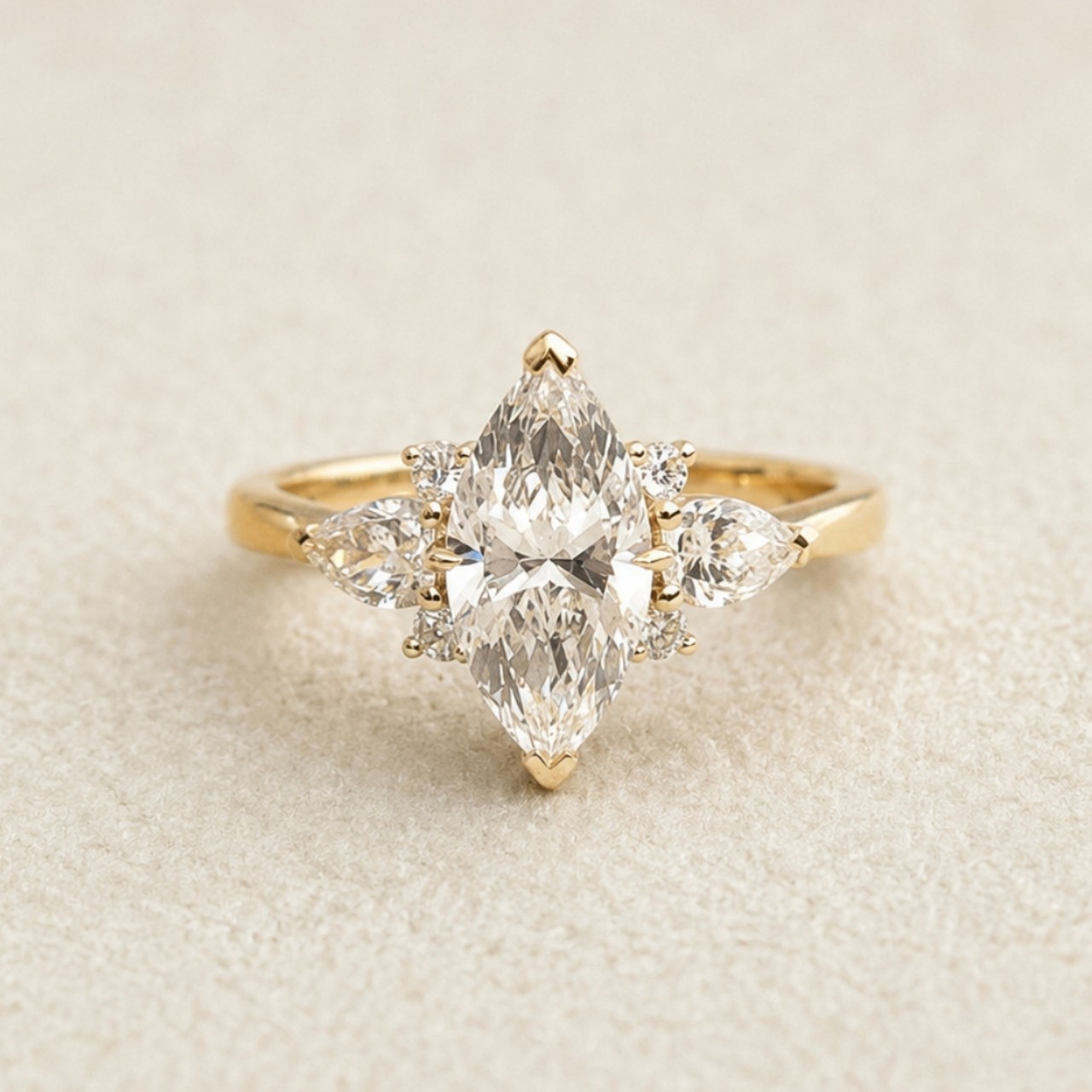 2 Ct Marquise Cut Moissanite Cluster Engagement Ring Pear Side Stones Gold