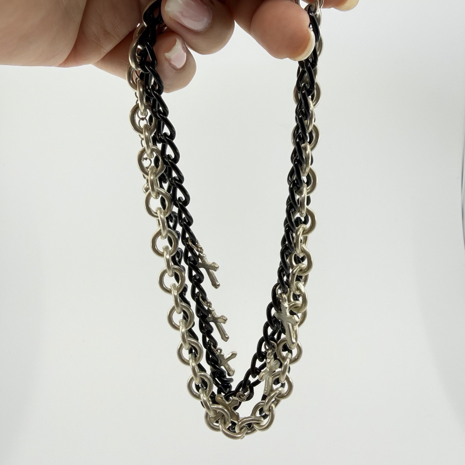 Layered Chainmail Cross Goth Choker Necklace Y2K 15” Black Silver Tone
