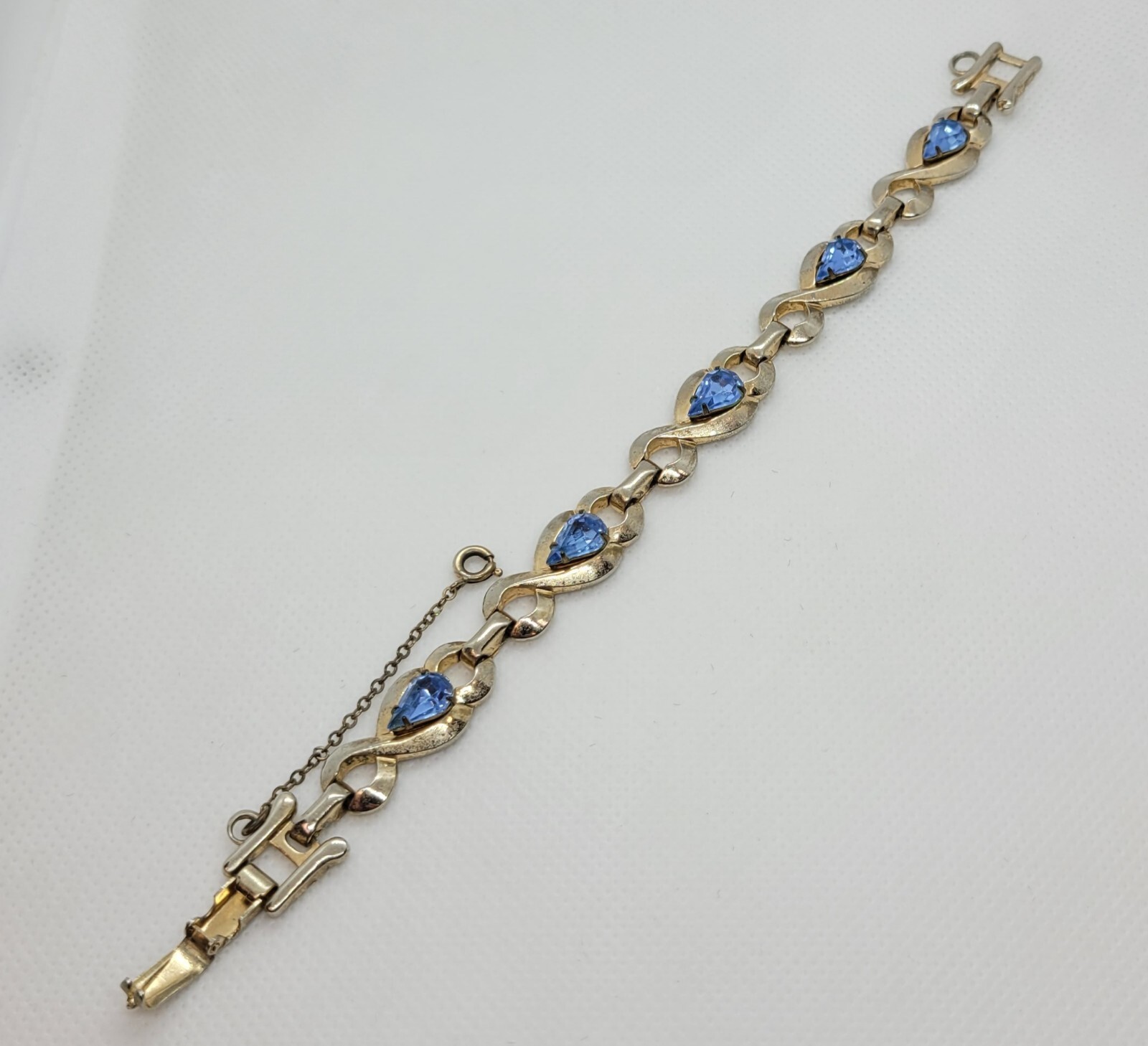 Vintage Barclay Bracelet Gold Tone Blue Teardrop Rhinestones with Safety Chain