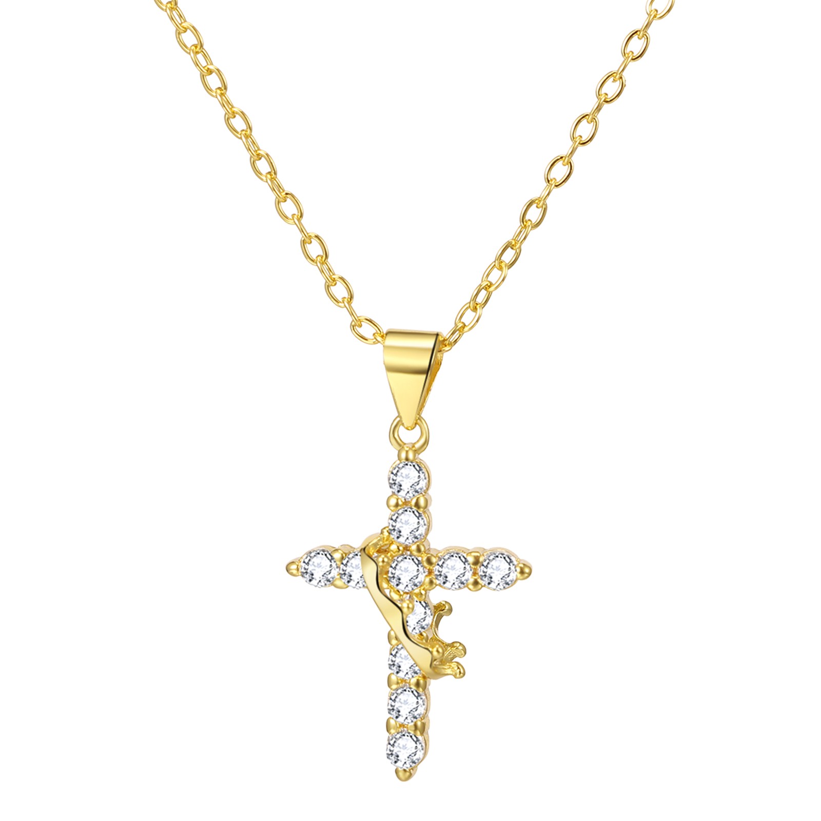 Women’s CZ Cross with Crown Pendant Necklace Chian Religious Faith Jewelry Gift