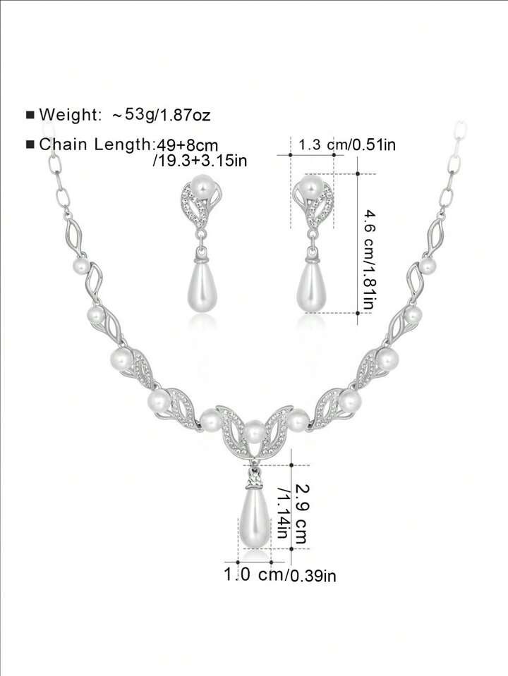 3 Pieces Sliv Plated Pearl Necklace Earrings Set Jewelry Set Wedding Jewelry Set